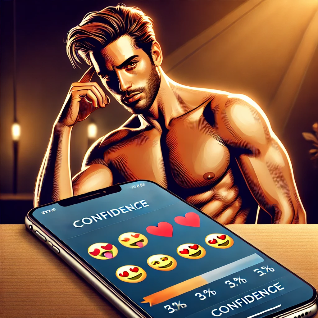 A stylish and modern digital illustration of a confident man analyzing his selfie ratings on a smartphone app